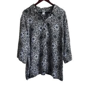 Catherines Women Tunic Top 3X Black Geometric Print Button Up Workwear‎ Office